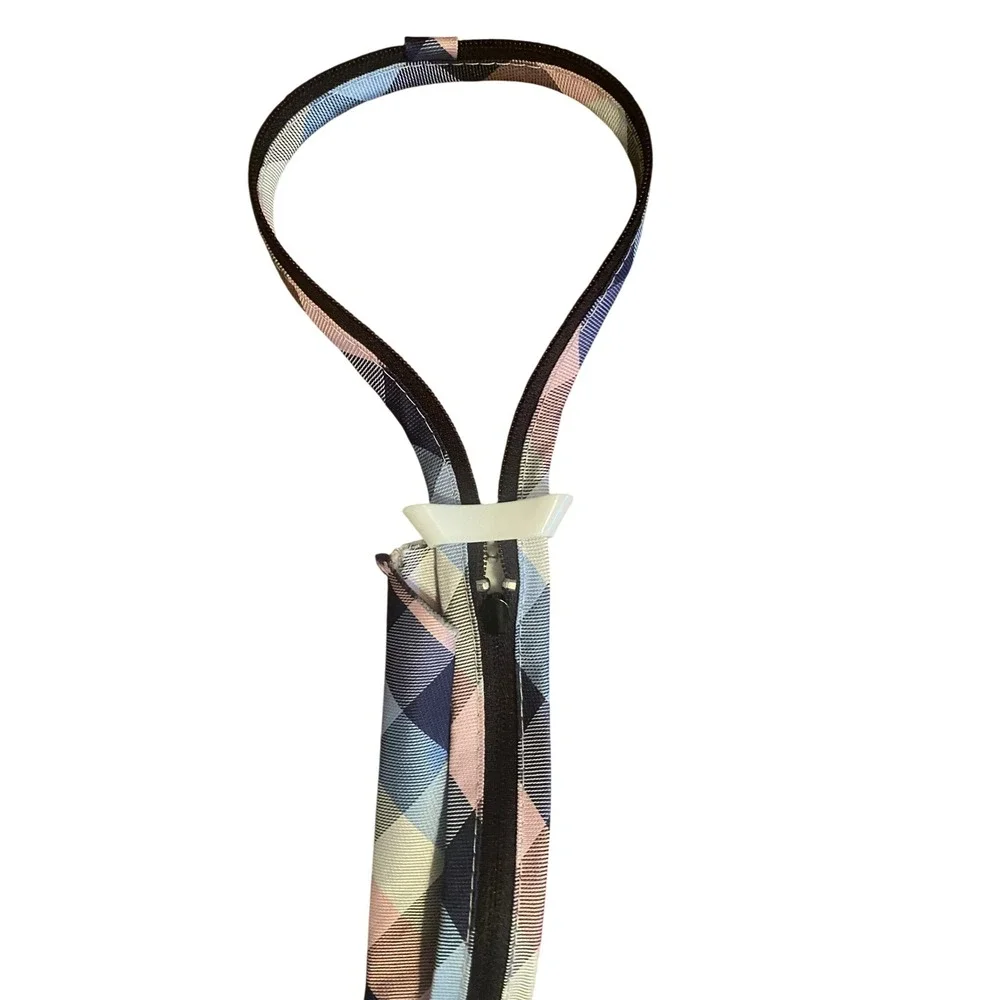 Tommy Hilfiger Boys Zipper Tie Blue Pink White Plaid Pre-Tied Adjustable Necktie